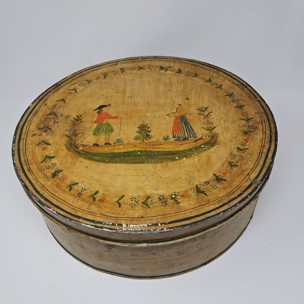 Antique Folk Art Primitive Handpainted Large Round Metal Lidded Tin Box Quimper